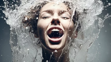 Fotobehang young adult woman, water splash, water, washing off refreshment bathing swimming. Generative AI © wetzkaz