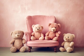 three teddy bears sit on a pink chair, generative ai