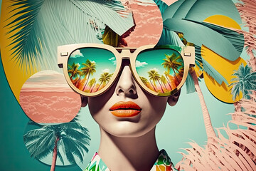 Retro style pastel colors summer background. Fashion woman wearing big sunglasses. Generative AI - obrazy, fototapety, plakaty