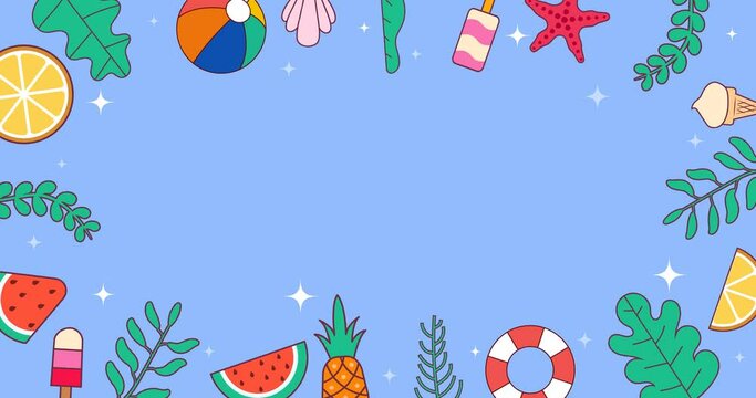 4k colorful summer background animation with space area. fruits, orange, ice cream, and beach ball.