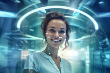 young adult woman, fictional digital, holographic hologram, virtual reality, medical scanning or online. Generative AI