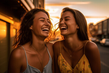 young adult women laughing in a side street in a town having fun. Generative AI - obrazy, fototapety, plakaty