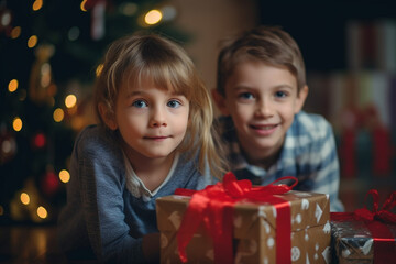 Fototapeta na wymiar christmas in the living room, young toddlers, girl and boy are sitting next to each other on the floor in front of a christmas tree with christmas presents