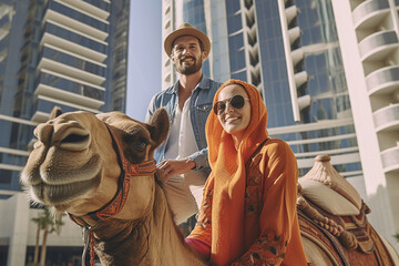 young adult couple or teenager boy and girl man and woman , standing in a city in the day with camels, outdoors, leisure vacation and city life. Generative AI