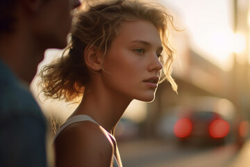 teenage girl or young adult woman is disgusted with her boyfriend, stressed annoyed and disappointed, quarrel in relationship, sunset outside by the lake. Generative AI