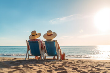 old man and old woman on vacation, back view, sitting on sun lounger chair right on the beach by the sea by the water, empty pristine white sandy beach with shallow water. Generative AI