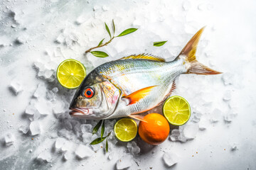top down view of raw sea bream fish dorado on ice with lime, citrus. Fresh fish. generative AI.