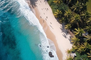 Fototapeta na wymiar empty lonely stretch of beach, sandy beach with palm trees, aerial view. Generative AI
