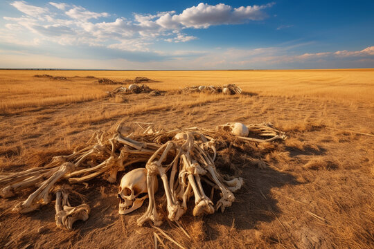 bones and skeleton, human skeleton and skull, skull bones in desert on dry field, climate change, fictional place and happening. Generative AI
