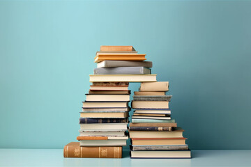 a stack of books on a shelf with a blue wall, school learn knowledge and education through book knowledge. Generative AI