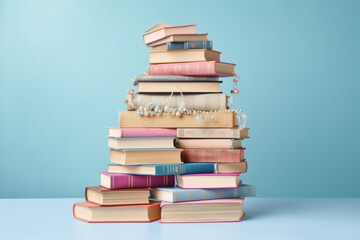 a stack of books on a shelf with a blue wall, school learn knowledge and education through book knowledge. Generative AI