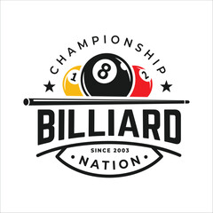 Billiards logo, stick vector, Sport labels for poolroom, Billiards club logo template.