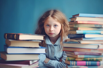 young toddler, kid with sad expression on face, stack of school books