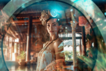 young adult woman walks along a holographic hologram glass wall with tropical plants, in luxury hotel or wellness center with spa, vacation or residency. Generative AI
