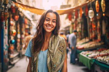 Fototapeta premium young awakened woman in a summery environment, traveling or at home in the tropics, joyful radiant face, satisfied and happy while walking on a small side street. Generative AI