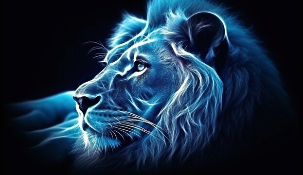 Illuminated Majesty: Bioluminescent Lion in Fractal Artwork with Neon Glow Created with generative AI tools