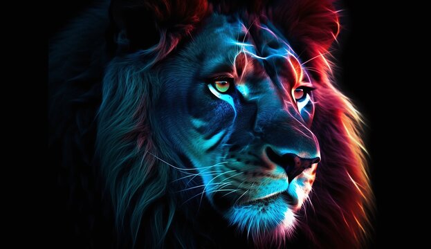 Neon Kingdom: Fantasy Illustration of a Bioluminescent Lion Created with generative AI tools