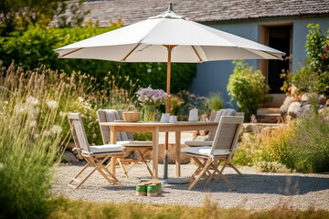 garden chairs, garden table and parasol in the garden, cozy at home in the garden. Generative AI - obrazy, fototapety, plakaty