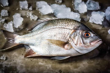top down view of raw sea bream fish dorado in ice. space for text. generative AI