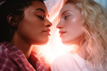Obraz premium young adult woman happy and content with each other, love among women, lesbian or trying out, femininity, kiss and kiss, love and be in love. Generative AI