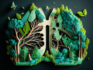 Paper art of tree branches shaped like human lungs, forest protection ecology illustration