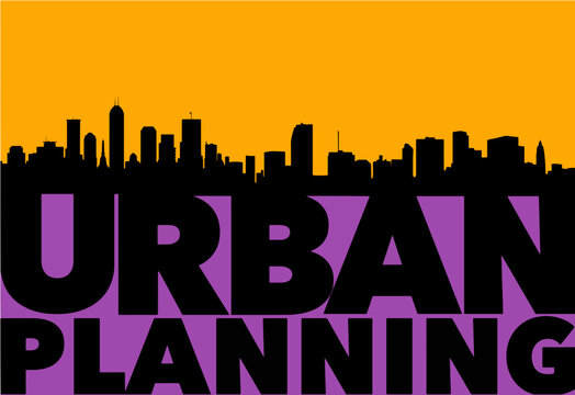 A city skyline at sunset is seen with the printered words urban planning in an illustration on that subject.