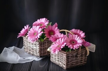 two large pink flowers in box set in small baskets, generative ai