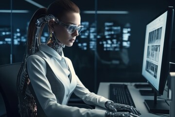 Woman robot secretary at work. Background with selective focus. AI generated, human enhanced