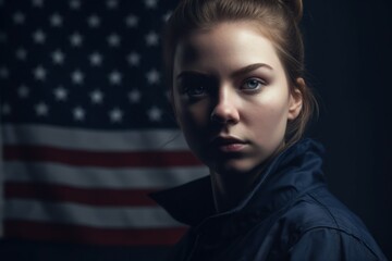 U.S. Defense Science Officer in front of a flag. AI generated, human enhanced