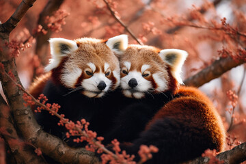 Fototapeta premium Pair of red pandas cuddling in a tree made with generative ai