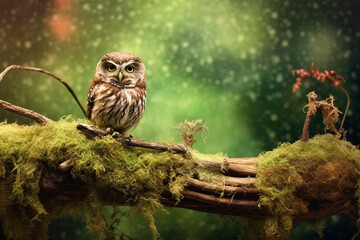 Wise owl perched on a moss-covered branch made with generative ai