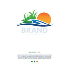 Green Grass Farm Field with Natural Sea and Sun for Nature Landscape logo design