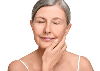 Portrait of senior woman with aging skin on white background. Rejuvenation treatment