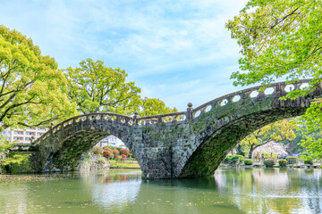 春の諫早公園の眼鏡橋　長崎県諫早市　Spectacles Bridge in Isahaya Park in spring. Nagasaki Pref, Isahaya city.	