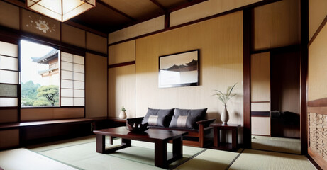 Naklejka na ściany i meble Interior design of a living room in Japandi interior design style with comfortable sofa, coffee table, armchair, and rug | Generative Ai | Indoor décor | Japanese furniture