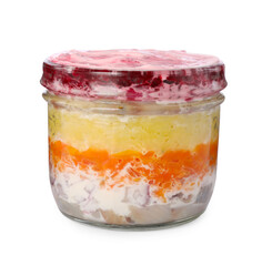 Jar with herring under fur coat isolated on white. Traditional Russian salad