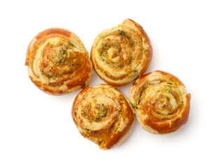 Fresh delicious puff pastry with tasty filling on white background, top view