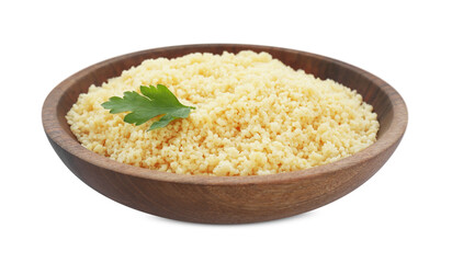 Tasty couscous with parsley on white background