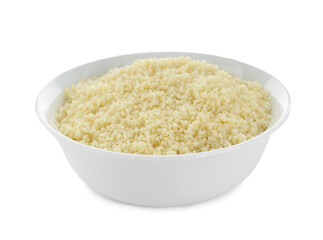 Bowl of tasty couscous on white background