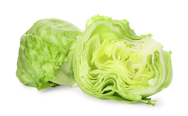 Whole and cut fresh green iceberg lettuces isolated on white