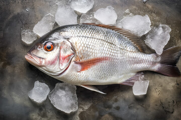 top down view of raw sea bream fish dorado in ice. space for text. generative AI