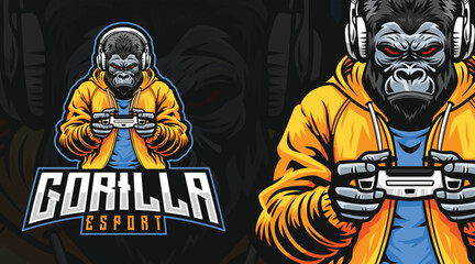 esports, e-sports logo of a gorilla wearing hoodie and headphone holding a joystick or game pad or gaming controller