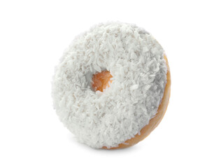 Tasty donut with coconut shavings on white background