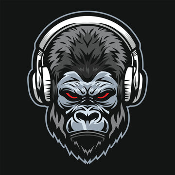 Head of gorilla wearing a headphone gaming or music