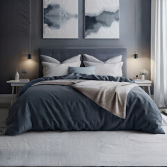 Fototapeta na wymiar Modern and luxurious master bedroom | Interior design of a bed room | Beautiful and modern bed with pillows and blankets | Generative Ai | Photorealism | Indoor décor