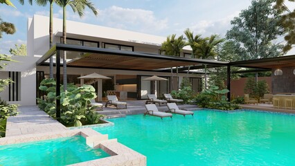 Facade of a house for a millionaire, with a pool, cabins, a terrace with a giant pergola, and many tropical trees.