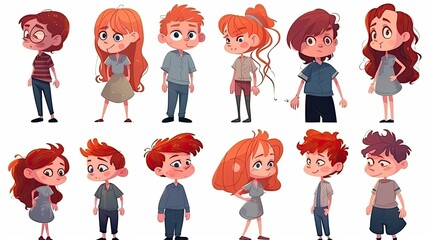 children in cartoon style concept art on a white background - generative AI