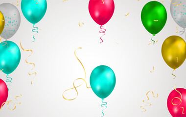 Birthday background with colorful balloons and confetti. Vector illustration.
