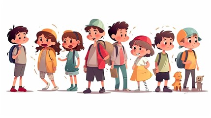 children in cartoon style concept art on a white background - generative AI