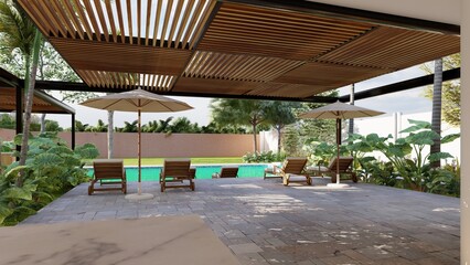 View from the pool, a large pergola covering the sun, with pool cabins and a view of the interior of a large and
